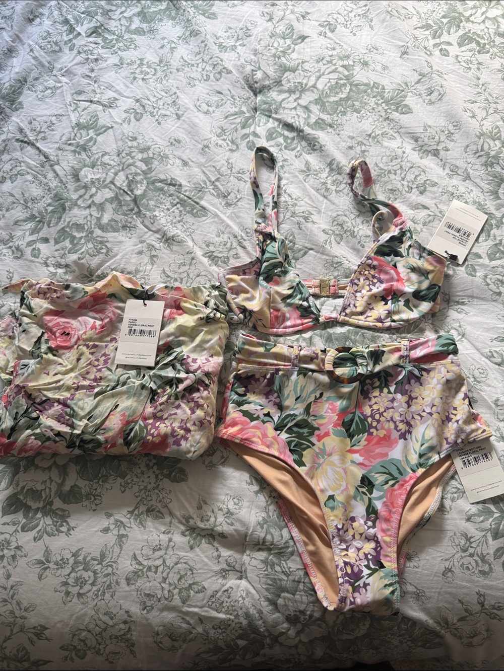 Faithfull the Brand Floral Bandeau Swimsuit Set in Pink and Green